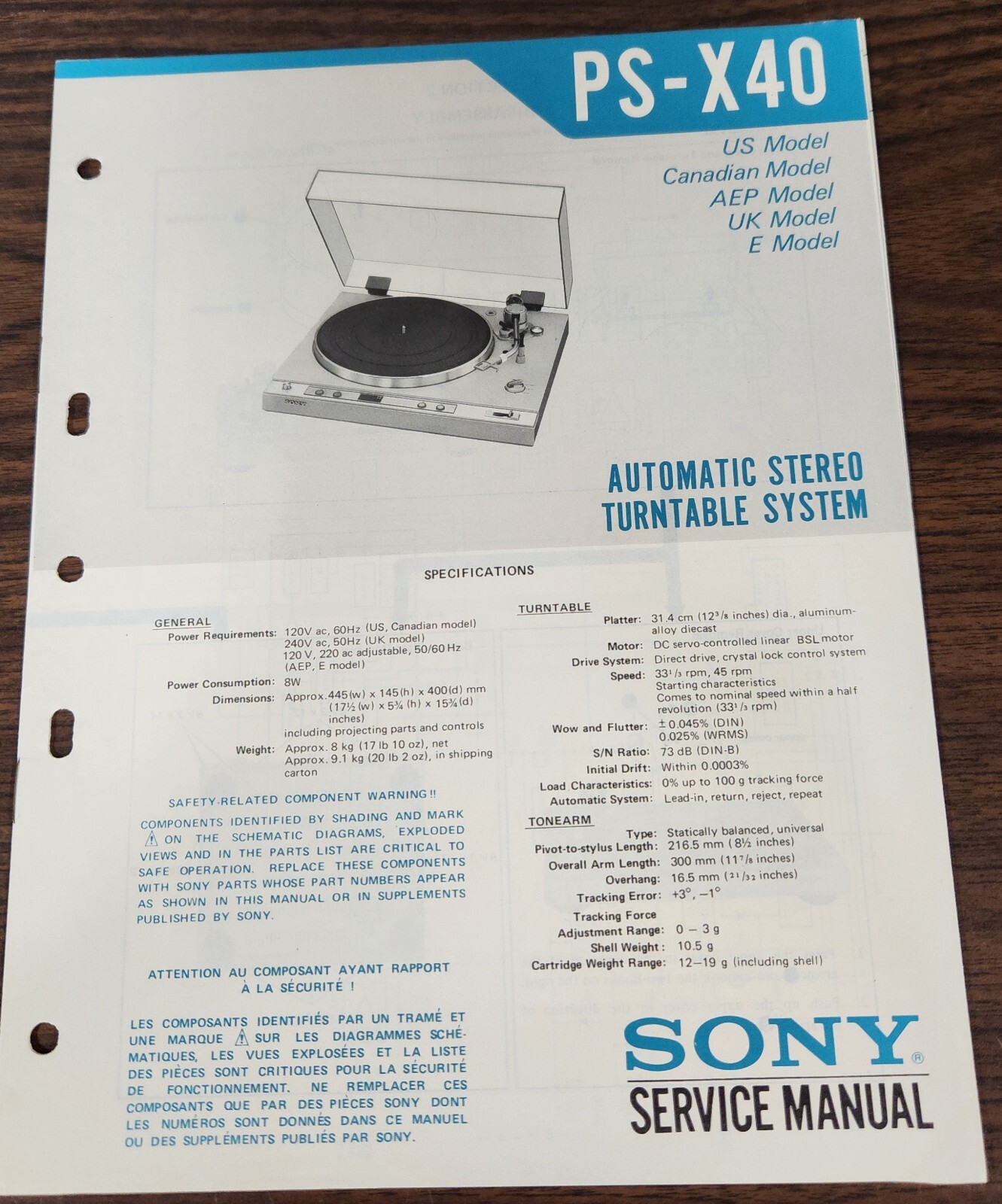 Sony PS-X40 Turntable Service Manual - Original