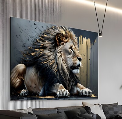 XL LEINWAND BILD BIS 170x110x5 LÖWE SCHWARZ-GRAU-GOLD MODERN TIERE WANDBILD 3D-O