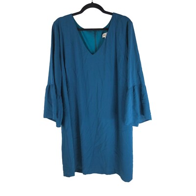 Single Womens Shift Dress V-Neck Bell Long Sleeve Stretch Blue Plus Size 1X 