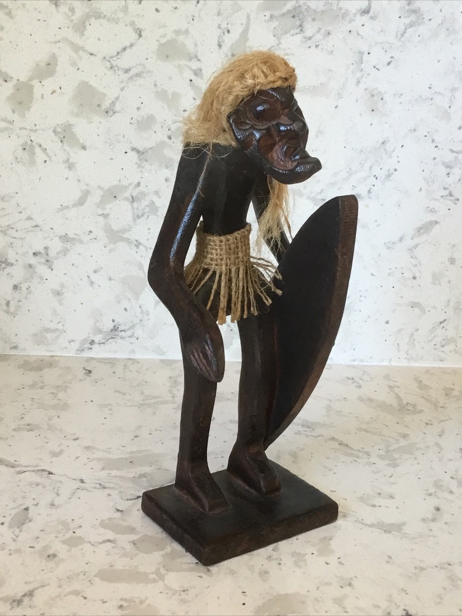 Tiki Man w/ Surf Board Hand Carved Wood Jute Hair/Skirt Figurine 