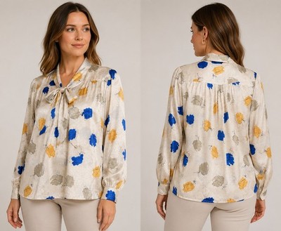Vintage Idesy Blake Ivory Satin Bow Tie Blouse Women's Size 18 Blue Gold...
