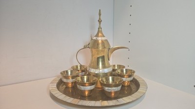 Vintage Brass Dallah Coffee or Tea Set  Teapot and Tray/ Mother of Pearl Accents