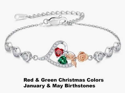Iefil Birthstone Bracelet, 925 Sterling Silver Rose Heart Charm January/May