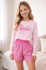 Girls Barbie Pajama Set Pink Long Sleeve Top Striped Shorts 2 Piece Outfit