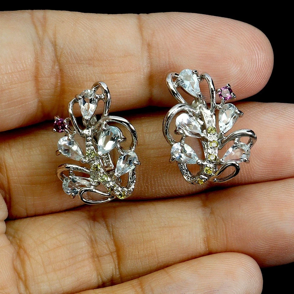 925 Orecchini Argento Sterling Pera Acquamarina Rodolite Zaffiro Gemma Gioielli - Immagine 2 di 4