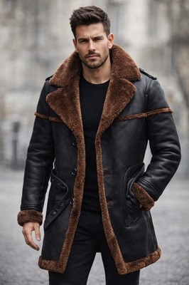 Men's Real Sheepskin Long Coat Fur Lined Leather Shearling Jacket Black