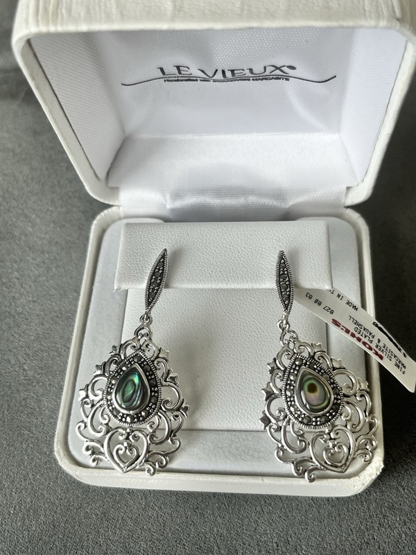 Le Vieux Silver Plate Marcasite And Paua Shell Chandelier Earrings NWT MSRP $100