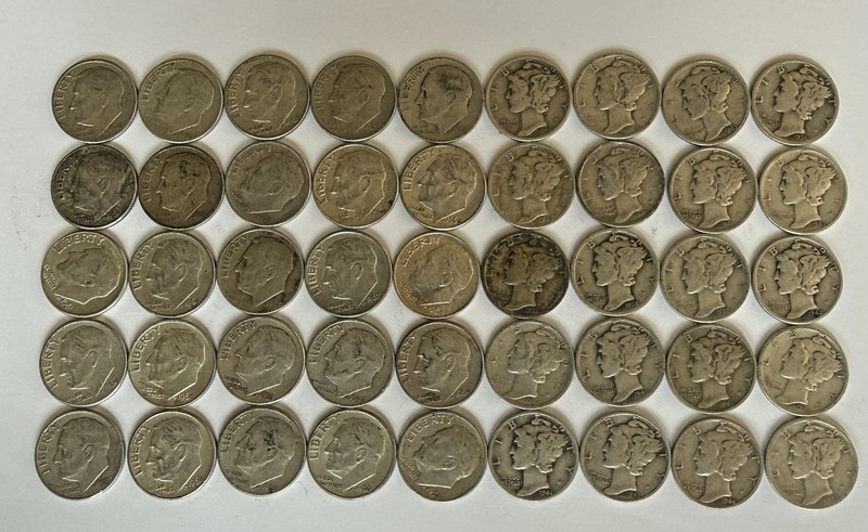 LOT of 45 Coins - Roosevelt & Mercury Dimes 90% SILVER - 🔥🪙🔥