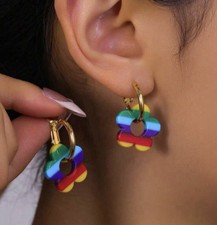 Rainbow Flower Earrings Golden Hoop