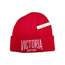 Victoria Secret Sport Red Beanie Hat Cap Knit Embroidered Logo NWT
