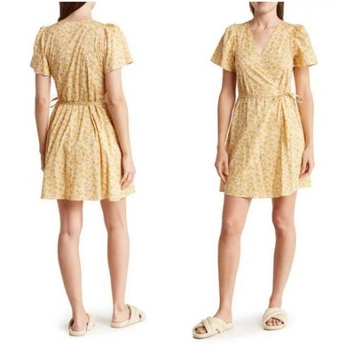 Madewell Fiore Floral Short Sleeve Cotton Wrap Dress Large Mini Yellow Cotton