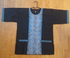 Vintage Black Embroidered Ethnic Wood and Indigo Jacket w Pockets from Thailand.