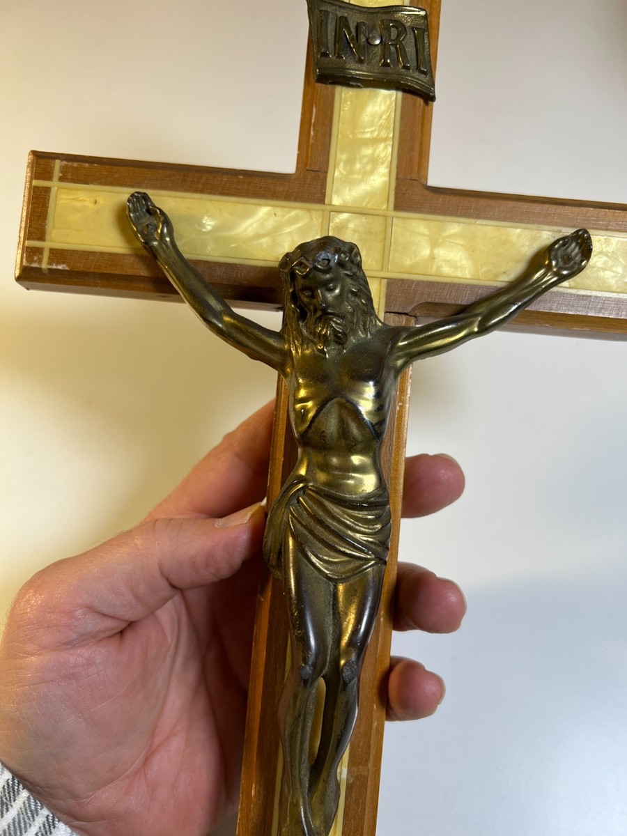 Vintage Mid Century Crucifix Wall Cross Pearlized Inlay Metal