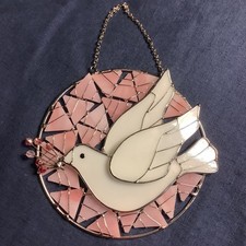 5-1/4  inch Artisan Stained Glass Hanging Suncatcher Dove With Stem Of Berries