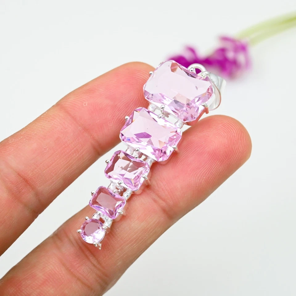 Colgante de plata de ley 925 con piedras preciosas de kuncita rosa hecho a mano joyería fina regalo para Foto 2 de 4