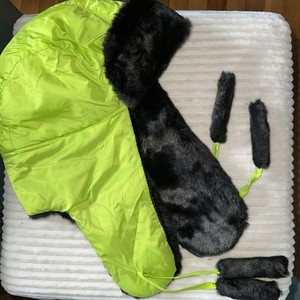 Trapper Hat Polyester Lime Green with Black Faux Fur-  Lined with Ties