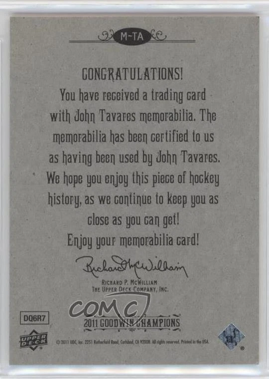 2011 Upper Deck Goodwin Champions Authentic Memorabilia John Tavares #M-TA - Image 2 of 2