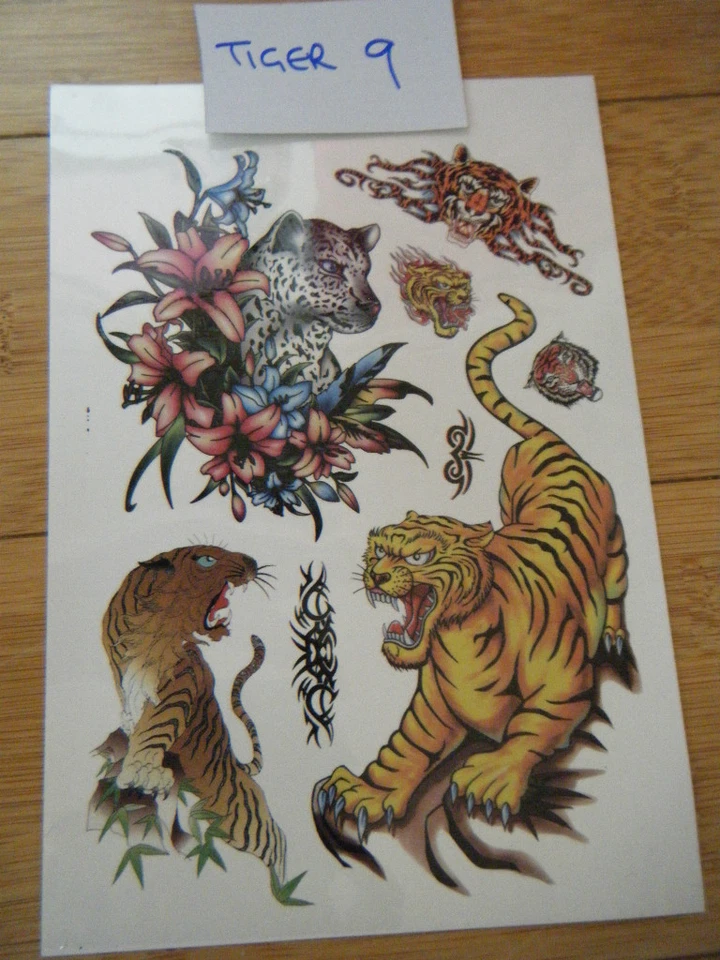 FAT-CATZ-COPY-CATZ 1x SHEET MENS BOYS TEMPORARY TATTOOS CARTOON TIGERS BLACK UK SELLER FREE P&P