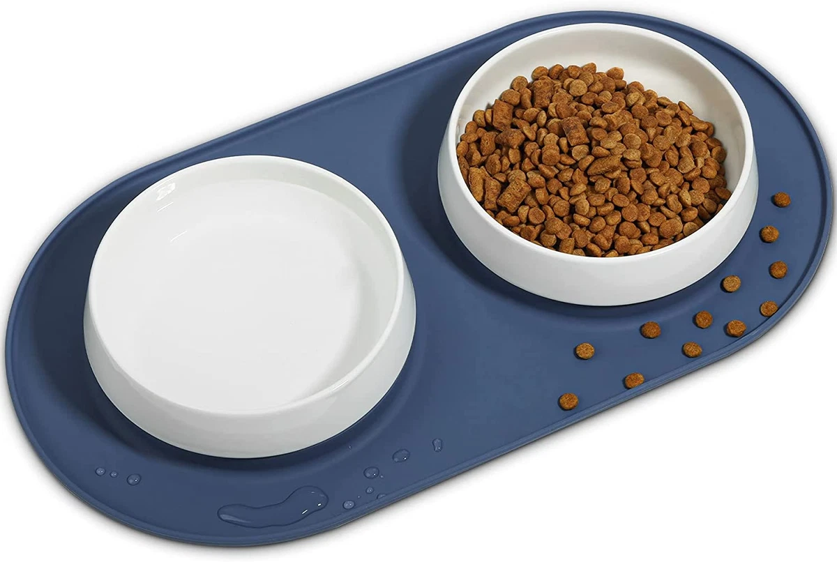 Ceramic Dog Bowl Set with Silicone Mat Non-Skid Non-Spill, Wide