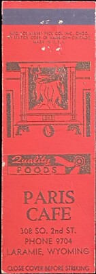 PARIS Cafe Laramie Wyoming Vintage Front-Strike Matchbook Cover B-1789