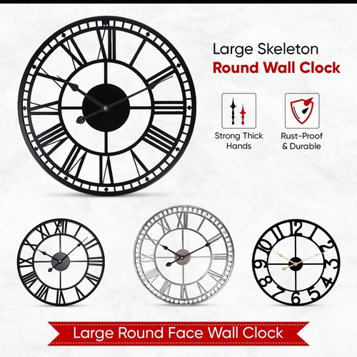 Big Numerals Roman Large Wall Clock Giant Open Face Home Decor Skeleton ...
