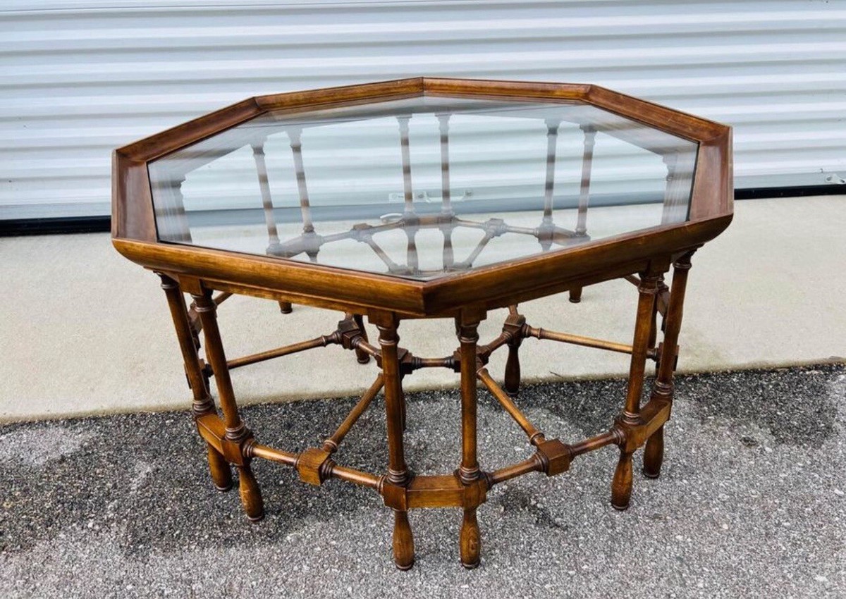 Vintage RARE Octagonal Coffee Table With Sunken Glass Top Dark