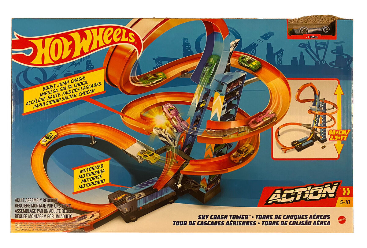 Hot Wheels Set de pista Sky Crash Tower, más de 2.5 pies de altura con  refuerzo motorizado, coche de juguete a escala 1:64