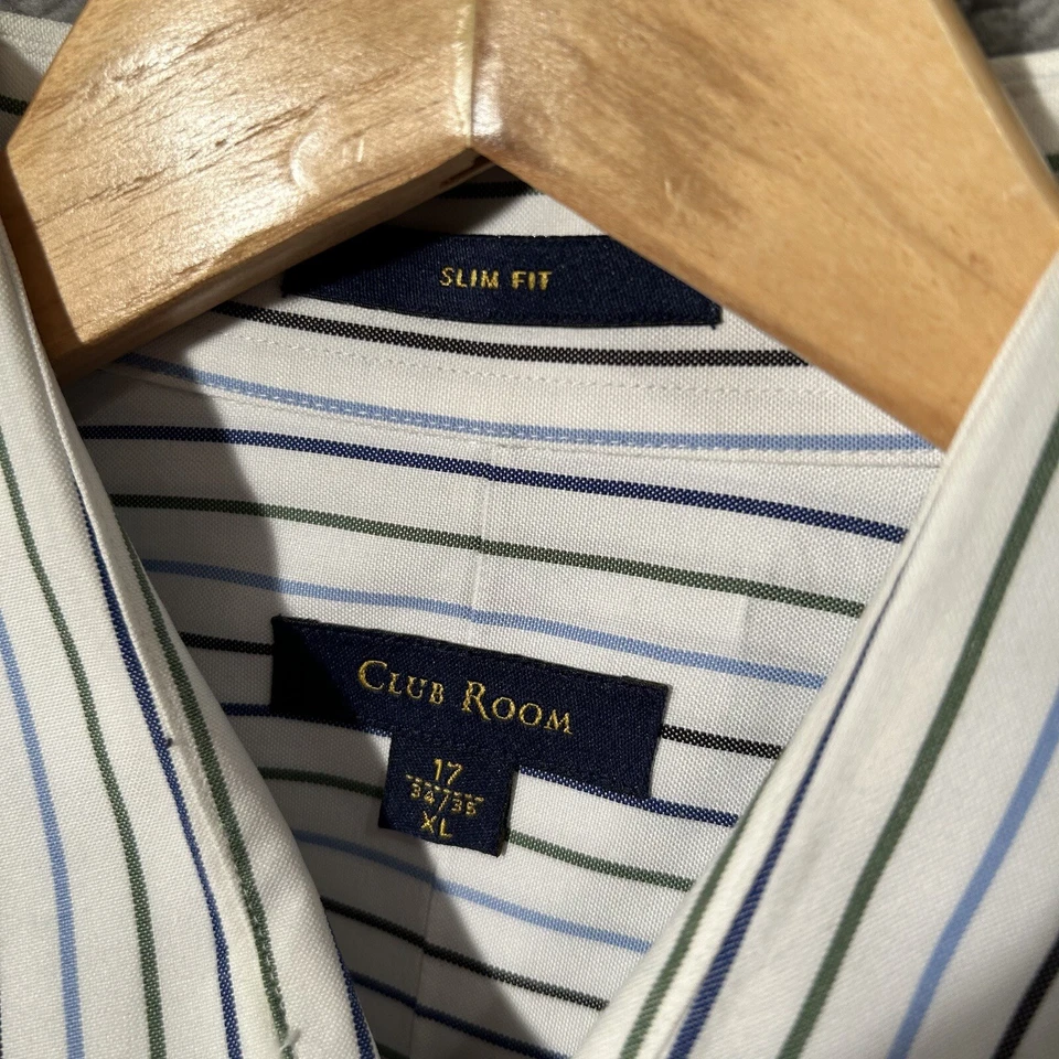 Club Room Slim Fit Striped Dress Shirt Men's XL 100% Cotton White - Image 2 of 4
