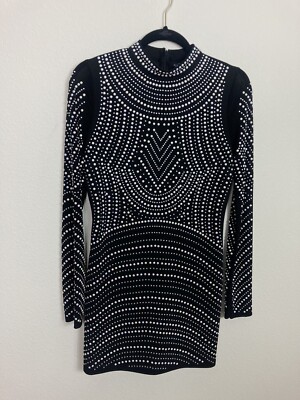 Windsor Sequin Embellished Pearl Long Sleeve Black Knit Bodycon