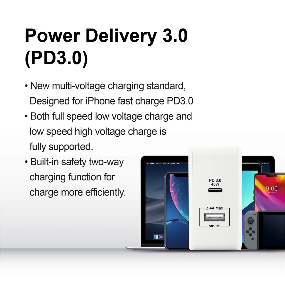 Cargador de Pared Gigastone USB-C 60W Entrega de Energía PD 3.0 45W Carga Rápida, Plegable Foto 4 de 4