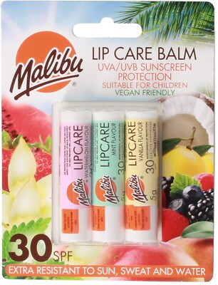 Malibu Sun LSF 30 Lippenbalsam Sonnencreme, Wassermelone, Minze und Vanille, 3 x 5g