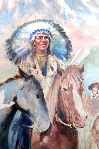 Rare Oil Painting - "Native Americans Arrive at a Military Fort in Wyoming" - Picture 4 of 20