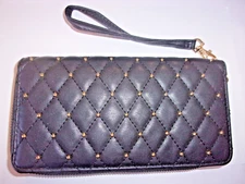 Micro-Pak  Women's Clutch Bag Black w/ Gold Studs Faux Leather Zip Pockets
