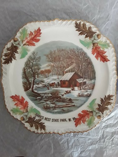 2 PC Hawks Nest State Park W. VA Souvenir Vintage Currier And Ives Winter Plate  - Photo 2/7