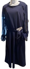 Shelby & Palmer Dress 16 Womens Navy Midi Sheer Long Sleeve Belted Ruffle NWT