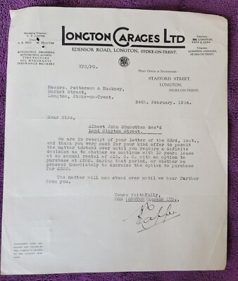 1934 Longton Garages Ltd Letter Re: Albert John Shubotham, Clayton Street