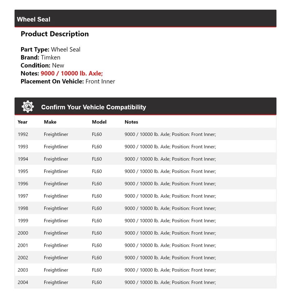 Para 1992-2004 Freightliner FL60 vedação de roda dianteira interna Timken 1993 1994 1995 - Imagem 2 de 3