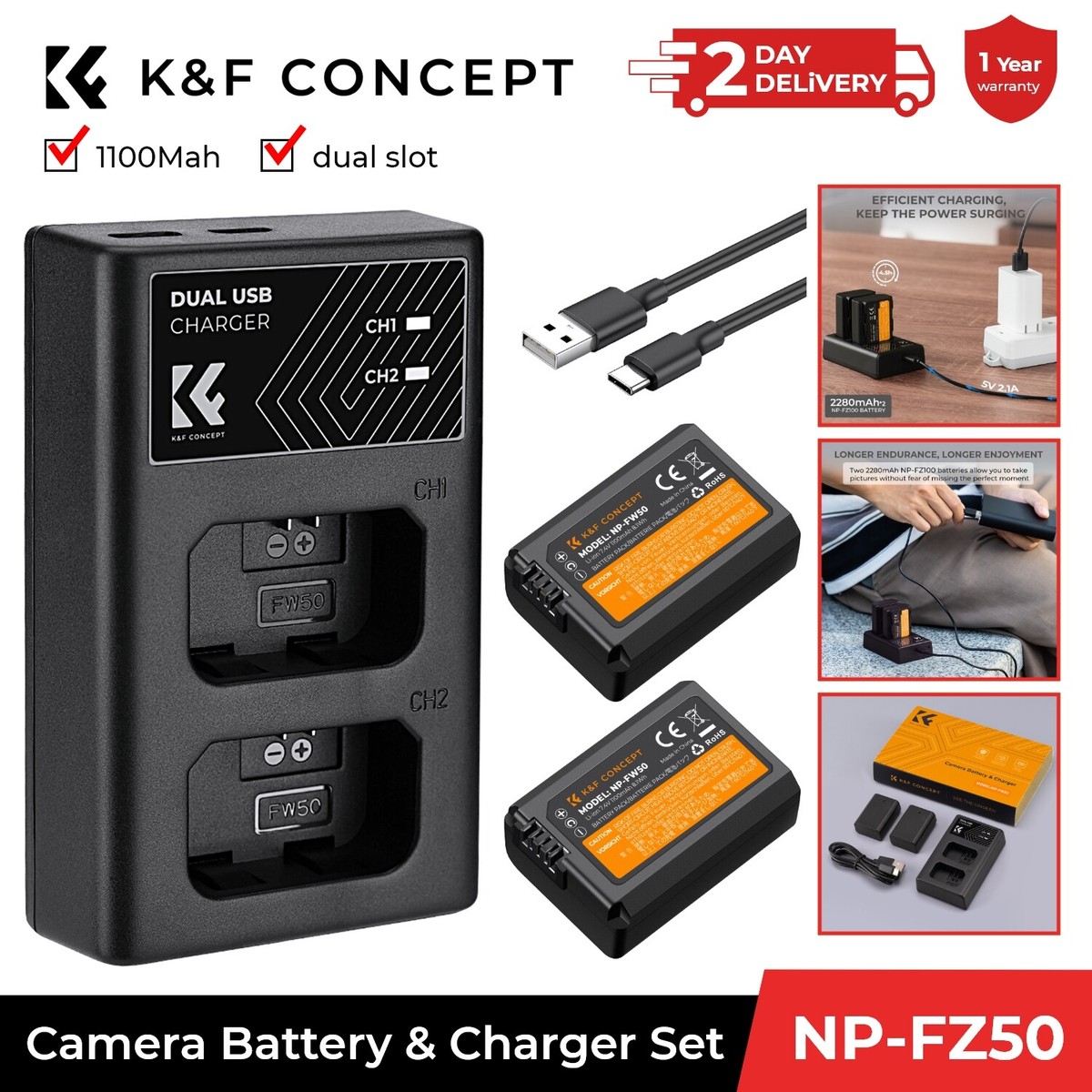 K&F Concept NP-FW50 Battery and Dual Charger Set for Sony A7ii ZV-E10  Cameras