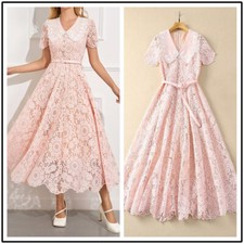 Sweet Short Sleeve Lapel Collar Flower High Waist Slim Long Dress Women A-line