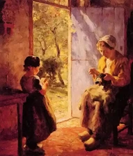 Oil painting Evert Pieters - the sewing lesson young woman with daughter by door