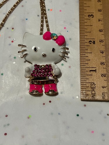 New Cat Hello Kitty Necklace Gold-Tone w/Magenta Crystals and Enamel - Picture 5 of 6