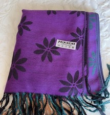 100 Pashmina Shawl Wrap Scarf Purple Teal Floral Boho Fringe 66x27 Artsy