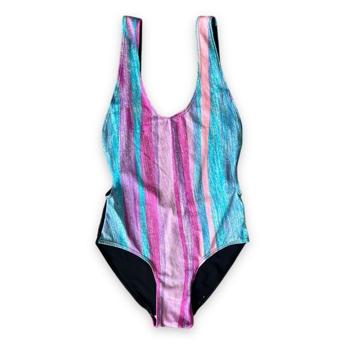Womens Vintage Swimming Costume Swimsuit Bathing suit Low Back Colourful Black - Picture 2 of 10