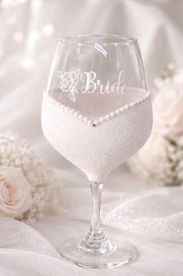 Decorated Wedding Wine Glass - White Glitter & Pearls, Handmade Glass