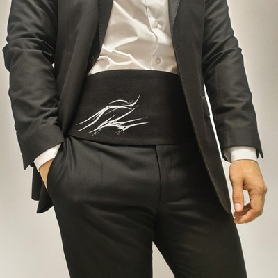 Black Linen Cummerbund with Silver Hand Painted Design Tuxedo Belt