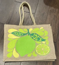 Trader Joe's Lemon Lime Tote Reusable Jute Burlap Shopping Bag Shopper HOT