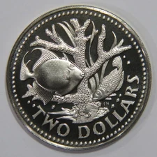 BARBADOS $2 DOLLARS STAGHORN CORAL FISHES DOLPHIN PELICAN 1976 PROOF WORLD COIN