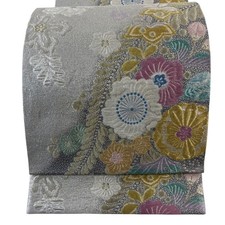 Fukuro Obi Silver Silk Floral Pattern Gold Silver Thread Used