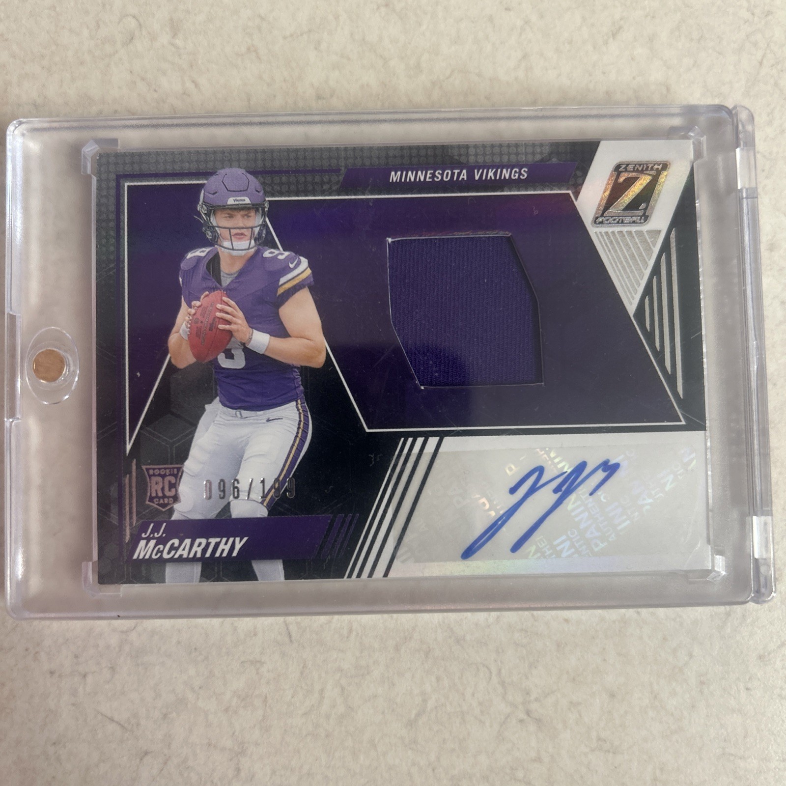 2024 Panini Zenith - Rookie Patch Autographs J.J. McCarthy #202 /199 (AU, RC)