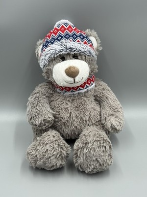 Gentle Treasure Gray Bear Plush 16  Winter Hat Scarf Red Blue Stuffed Animal Toy